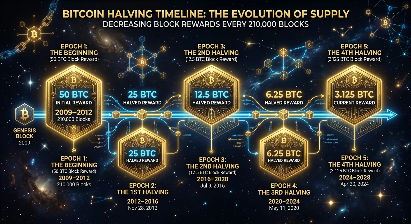 Línea de tiempo del halving de Bitcoin mostrando las 4 épocas