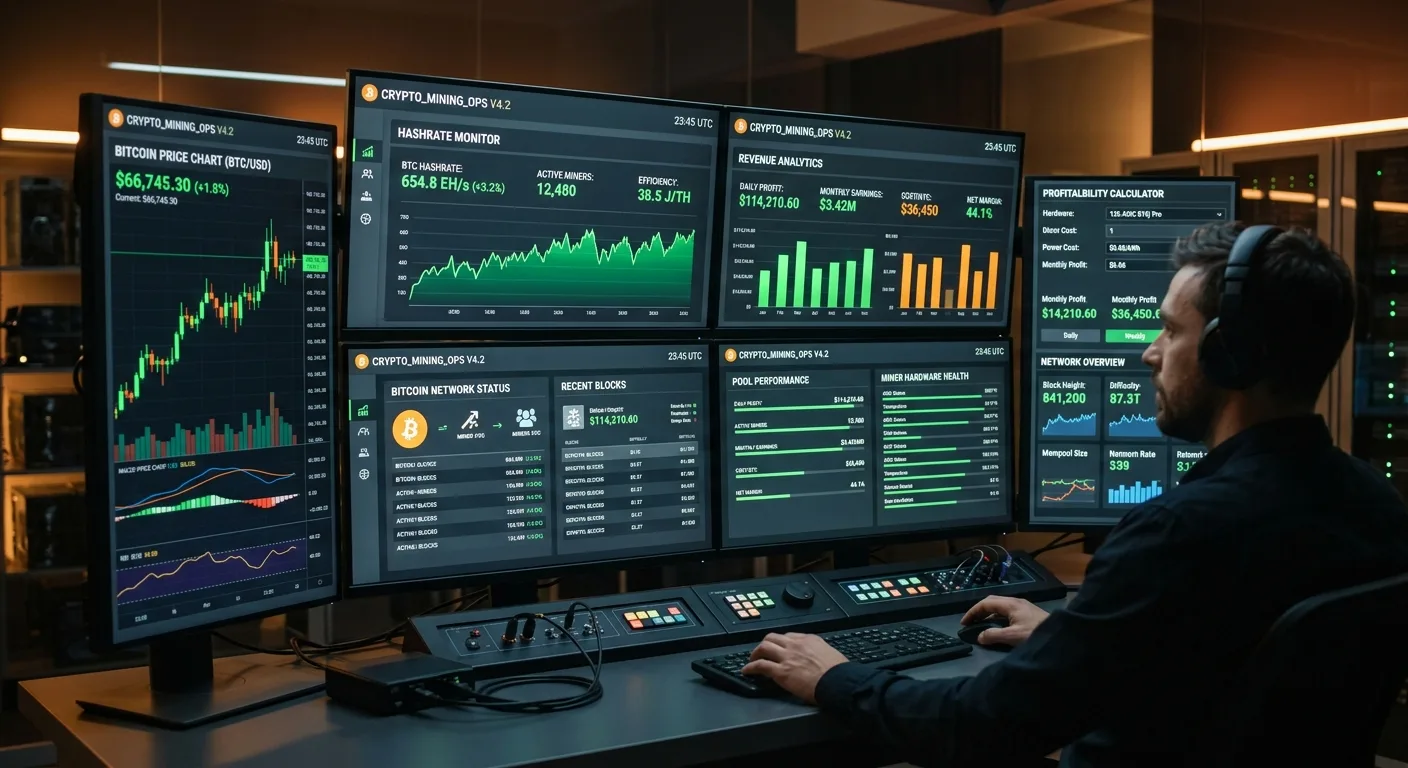 Dashboard de minería Bitcoin mostrando estadísticas en tiempo real