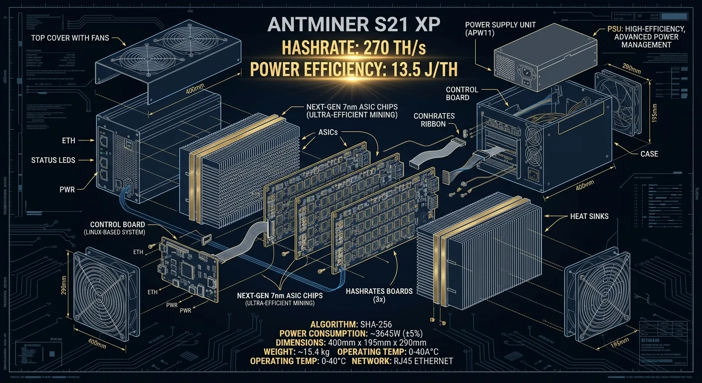 Especificaciones técnicas del Antminer S21 XP - infografía