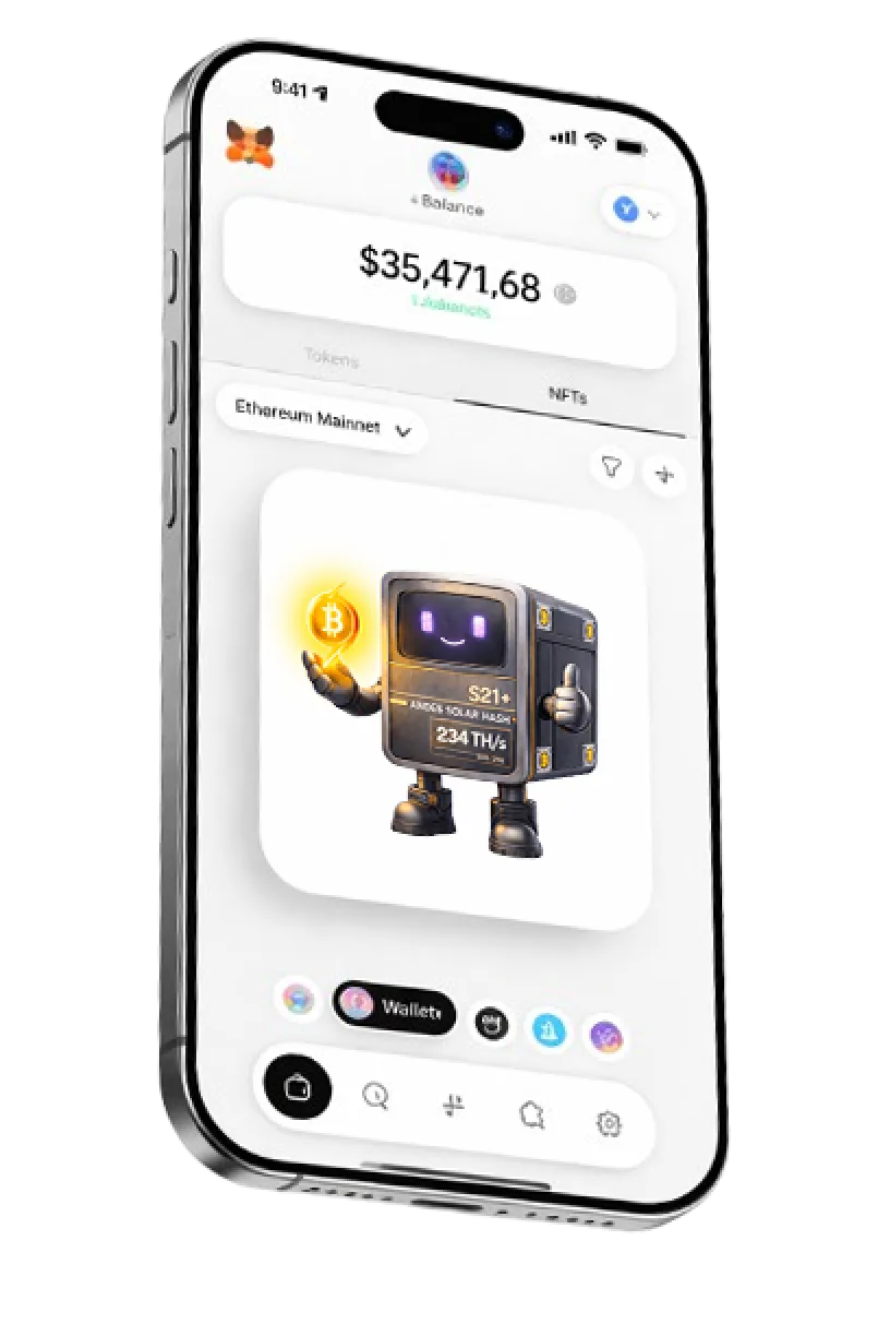 Mobile wallet with Minero S21+ NFT gallery from Andes Solar Hash
