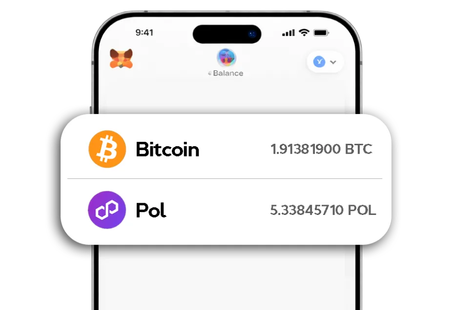 Wallet showing BTC and POL rewards on Polygon